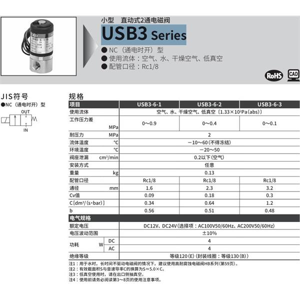 CKD喜開理多種流體小型直動式2通電磁閥USB3-6-1-D-DC24V