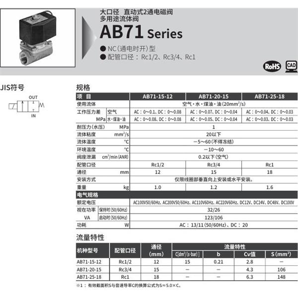 CKD喜開理多種流體直動式2通電磁閥AB71-15-15-B2CB-AC200V