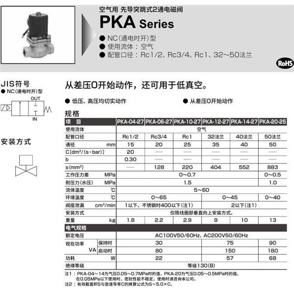 CKD喜開理空氣用先導突跳式2通電磁閥PKA-04-27-C-3N-AC100V