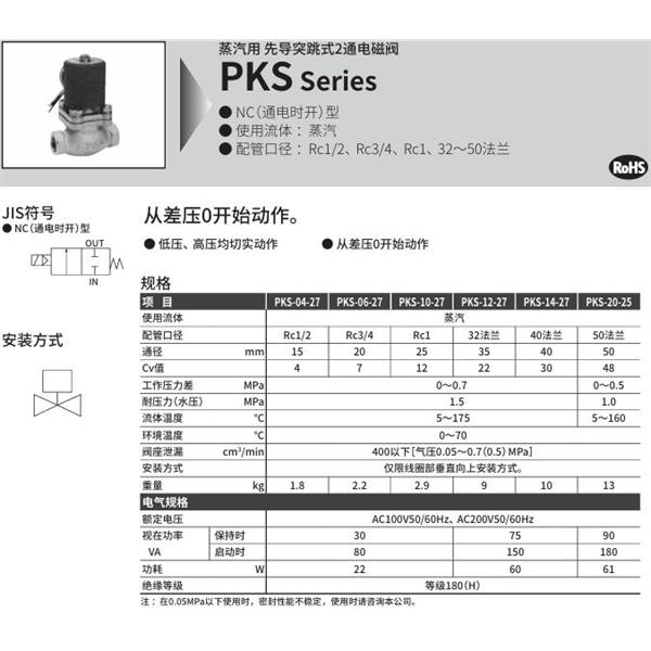 CKD喜開理蒸汽用先導(dǎo)突跳式2通電磁閥PKS-12-27-4M-AC100V