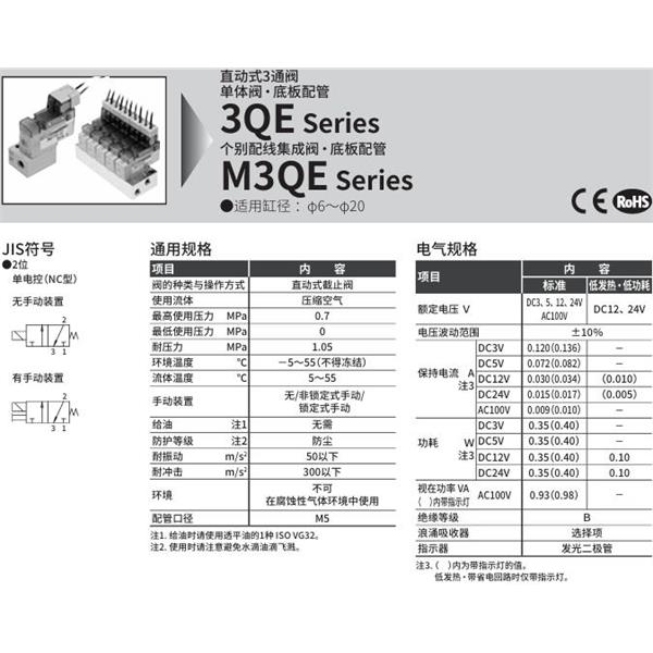 CKD喜開理直動式3通電磁閥M3QE110-M5-E00A-2-1