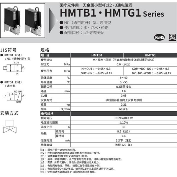 CKD喜開理醫療儀器用無金屬小型桿式2?3通電磁閥HMTB1-2TN-PF-DC12V