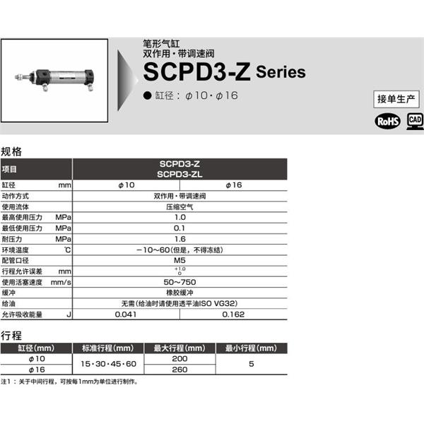 CKD喜開理筆形氣缸SCPD3-ZL-00-16-200-T5H-T-Y
