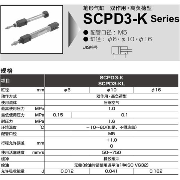 CKD喜開理筆形氣缸SCPD3-KL-00-16-250-O-T5V-T-B2