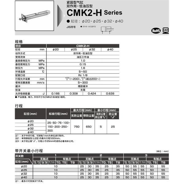 CKD喜開理緊固型氣缸CMK2-H-CC1-25-100-T0H-R-JI