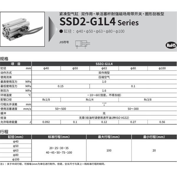 CKD喜開理緊湊型氣缸SSD2-G1L4-63-40-V0-D-N-LB-I