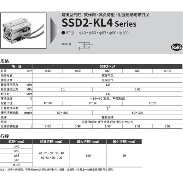 CKD喜開(kāi)理緊湊型氣缸SSD2-KL4-100-40-V0-D-N-LB-I