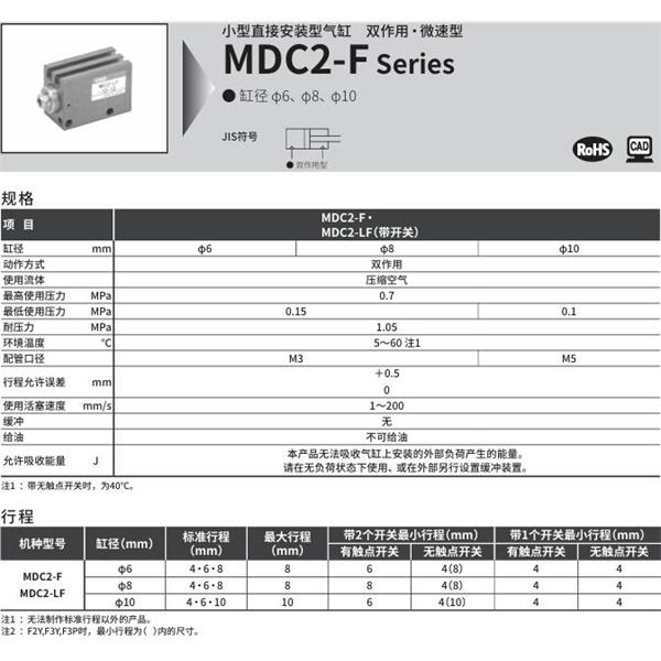 CKD喜開理小型直接安裝型氣缸MDC2-LF-10-6-F2V-R